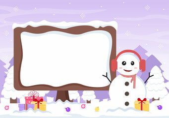 Merry Christmas With Santa Claus or Snowman Cartoon Character And Some Gift Next To The Signboard. For Greeting Background Vector Illustration