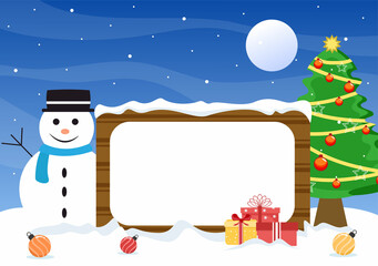 Merry Christmas With Santa Claus or Snowman Cartoon Character And Some Gift Next To The Signboard. For Greeting Background Vector Illustration