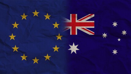 Australia and European Union Flags Together, Crumpled Paper Effect Background 3D Illustration