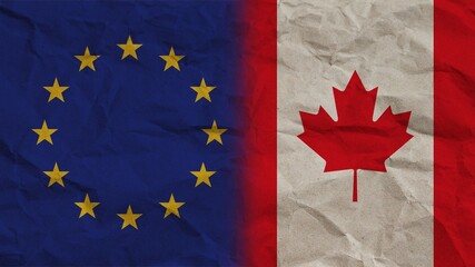 Canada and European Union Flags Together, Crumpled Paper Effect Background 3D Illustration