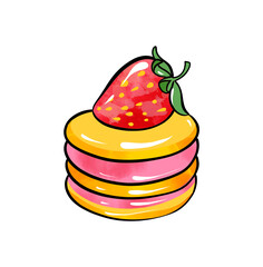Illustration of a colored drawing of sweets: round cake with pink-yellow cakes soaked in cream and decorated with red strawberry on a white isolated background. High quality illustration