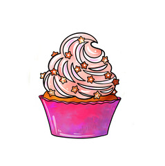 Illustration of a colored drawing of sweets: orange cupcake with pink violet cream and decorated with different colors of stars on a white isolated background. High quality illustration