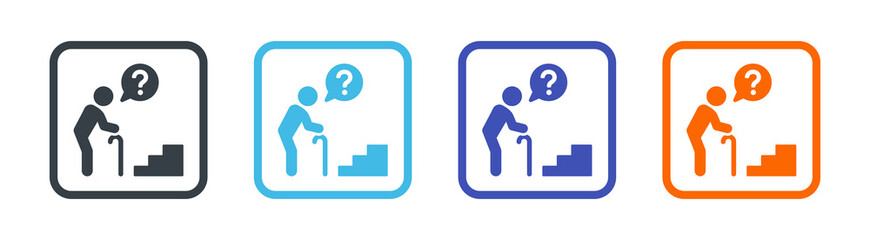 Old man with walking cane icon with issue accessibility to the stair vector illustration