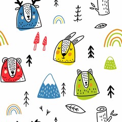 Children's vector pattern with funny animals in scandinavian style