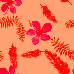 Coral Seamless Leaves. Red Pattern Painting. Ruby Tropical Art. Pink Flower Design. Scarlet Drawing Painting. Spring Plant. Flora Foliage. Floral Foliage.