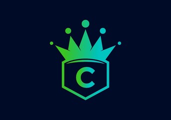 Green blue gradient color of C initial letter in frame with crown