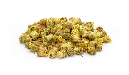 Chrysanthemum tea isolated on white background. Chrysanthemum tea is a flower-based infusion beverage made from chrysanthemum flowers which are most popular in East and Southeast Asia. Herbal tea