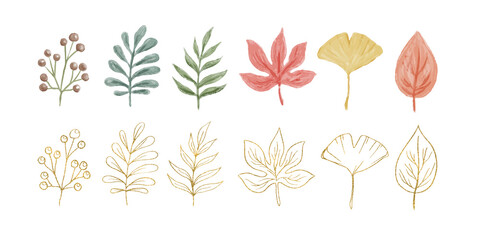 水彩風　紅葉と植物　グリッターの素材ベクターイラスト　パーツセット