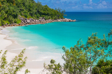A view on Anse Georgette beach from the viewpoint hill on the Praslin island in Seychelles