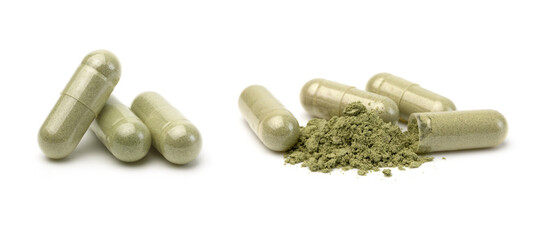  Andrographis Paniculata powder and capsules (herbal capsules) isolated on white background, front...