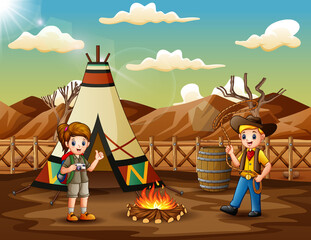 Cartoon the explorer boy and girl camping out in the desert