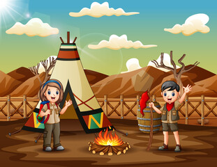 Happy scout boy and girl at camp site illustration © dreamblack46