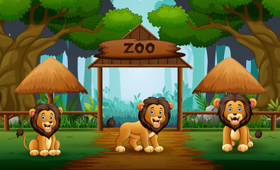 Obraz na płótnie Canvas Cartoon three of lions at the open zoo
