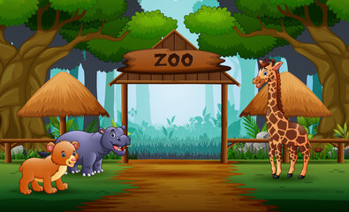 Zoo entrance gates cartoon with safari animals illustration