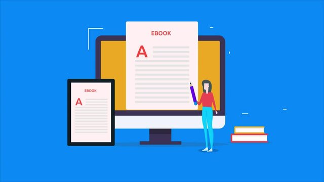 Business woman, ebook writing, digital content on computer and tablet screen, Ebook marketing concept . 2d animation 4k video clip.