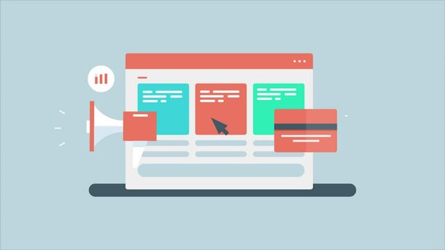 Customer clicking on ppc ad website, concept of pay per click advertising, digital marketing, ppc management, targeting online audience with digital ad content, 2d animation 4k video clip, business.