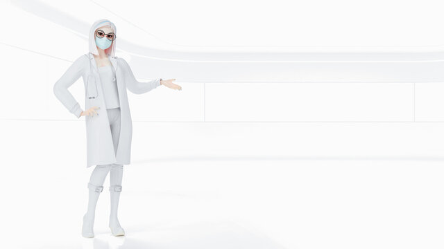 beautiful woman doctor is showing some gestures."nin the office or in the hospital that is very bright for white background. Copy space for your text and banner size, 3D Render.