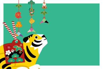 正月飾りと虎のイラスト　年賀状デザイン　 2022年　イラスト
