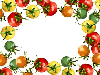 水彩厚塗りのカラフルプチトマトイラスト・楕円囲みフレーム