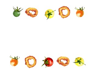 水彩厚塗りのカラフルプチトマトとイカリングイラスト・上下フレーム