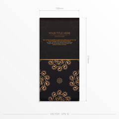 Rectangular postcard in black with Indian ornaments. Invitation card design with mandala patterns.