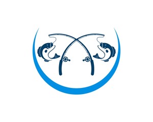 Abstract circular swoosh with fishing rod and salmon fish