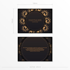 Rectangular Vector Black Color Postcard Template with Indian Patterns. Print-ready invitation design with mandala ornament.