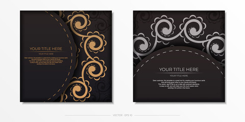 Square vector postcard in black color with Indian ornaments. Invitation card design with mandala patterns.