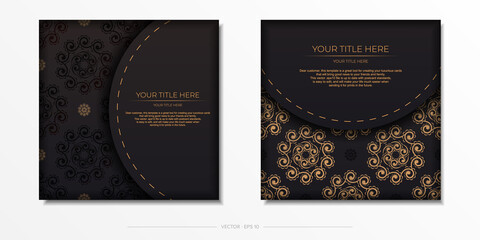 Square Vector Preparing postcards in black color with Indian patterns. Template for print design invitation card with mandala ornament.