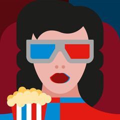 Young stylish woman wearing traditional 3d glasses watching 3d movie with popcorn pack. 3d style futuristic girl.