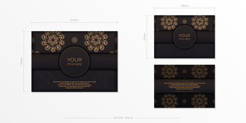 Rectangular vector postcards in black color with Indian patterns. Invitation card design with mandala ornament.