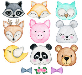 Watercolor set of forest cartoon isolated cute baby fox, deer, raccoon, panda, mouse, bear, bird and owl animal with flowers. Nursery woodland illustration. 