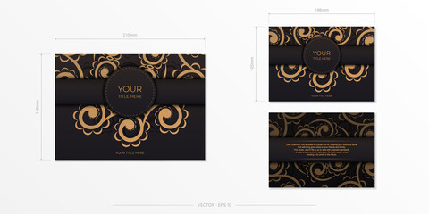 Obraz na płótnie Canvas Rectangular vector postcards in black color with Indian patterns. Invitation card design with mandala ornament.