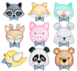 Watercolor set of forest cartoon isolated cute baby animals  with decorations for boy baby design. Nursery woodland clipart. Isolated clipart element on white background	