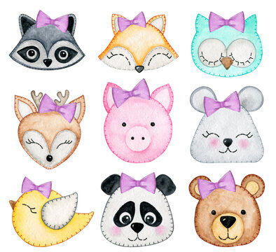 Cute felt watercolor animal kids. Animal kid heads and decoration for girl baby design. Isolated clipart element on white background	