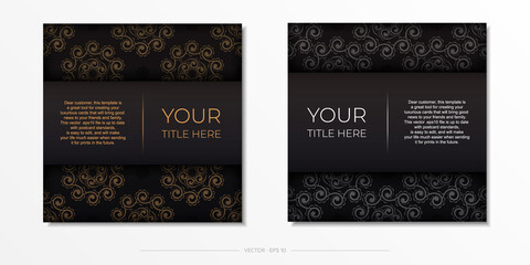 Square postcards in black with Indian ornaments. Vector design of invitation card with mandala patterns.