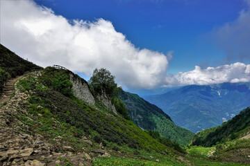 The path winds along the mountainside and hides. There are green plants and trees on the slopes. Blue sky. Clouds over the top of the mountain. Alpine meadows of the Caucasus. Krasnaya Polyana