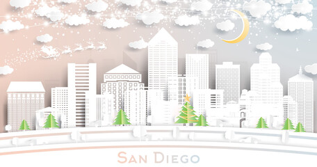 San Diego California City Skyline in Paper Cut Style with Snowflakes, Moon and Neon Garland.