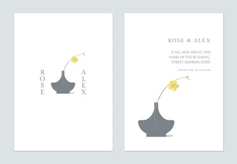 Minimalist floral wedding invitation card template, monochrome golden shower flowers  on white