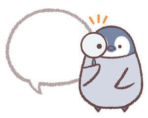 ペンギンヒナと虫眼鏡の線画フキダシ