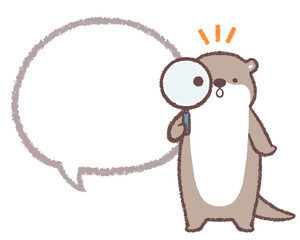 カワウソと虫眼鏡の線画フキダシ
