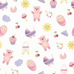 Baby pattern with child's toys, objects. Seamless pattern with baby things. Design for fabrics, textiles, wallpaper, packaging, children's room decoration.