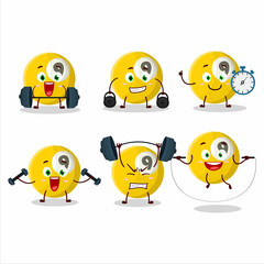 A healthy billiards ball cartoon style trying some tools on Fitness center