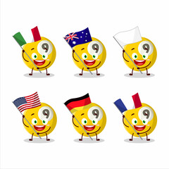 Billiards ball cartoon character bring the flags of various countries
