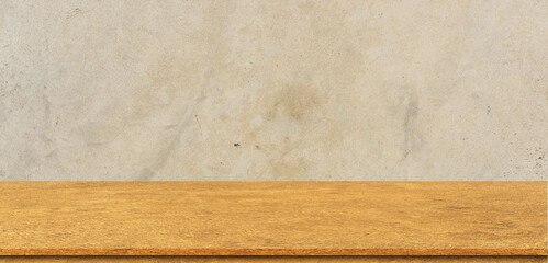 close up retro plain sepia tone color cement wall background texture with old wood perspective...