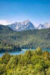Fototapeta na wymiar Blue Alpsee Lake in the Green Forest and Beautiful Alps Mountains in the Morning Fog. Fussen, Bavaria, Germany