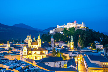 a city view of the city of salzburg in austria .city and fortress hohensalzburg