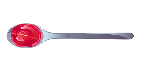 Tomato ketchup in spoon. Red spicy sauce in swirl form. Vector illustration in flat cartoon design.