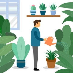 Man watering his home plants in flat design. Gardening houseplants concept.