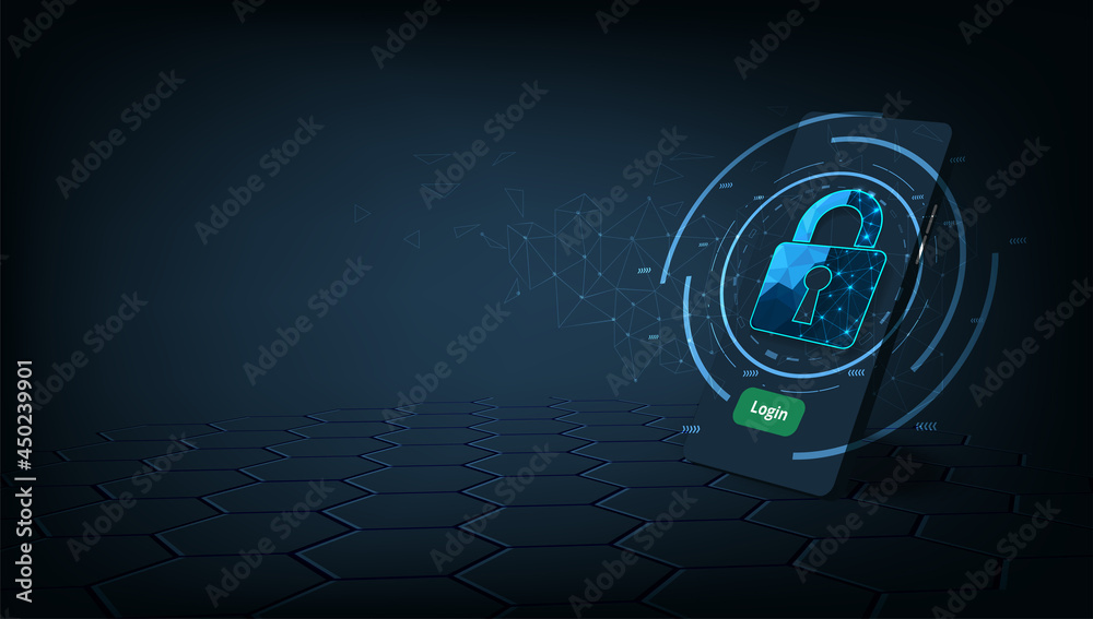 Poster mobile data security concept.smartphone with padlock lock symbol on dark blue background.financial t